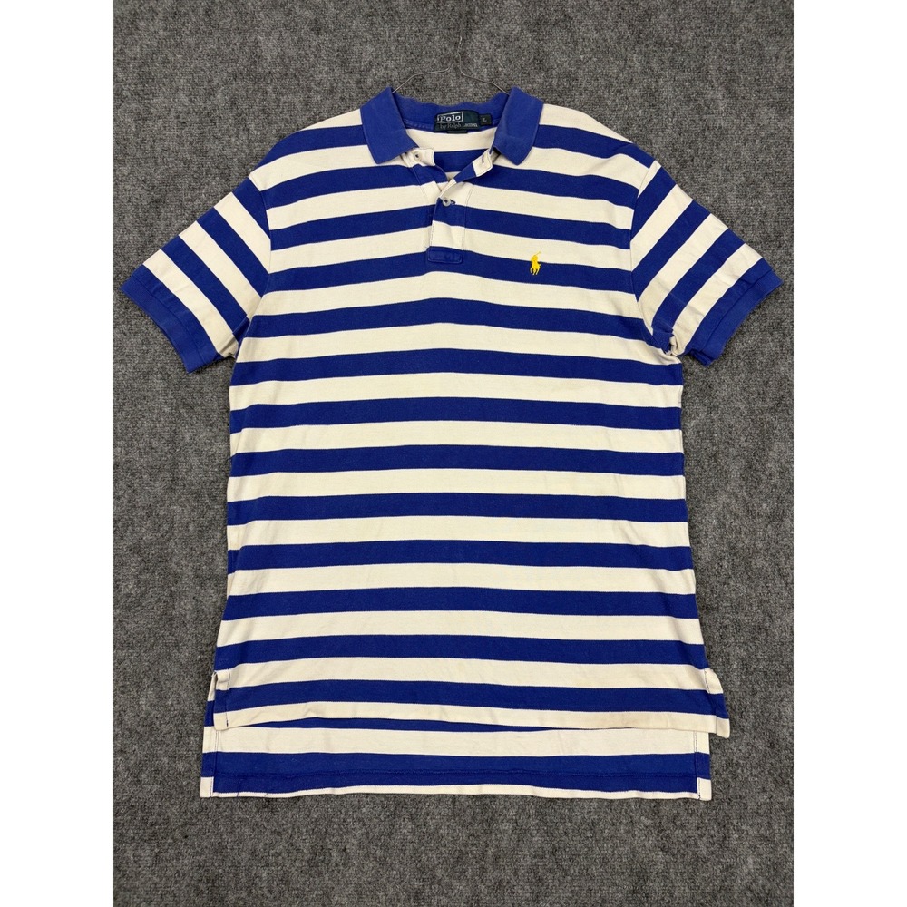 Polo Ralph Lauren Mens Large Blue White Striped Short Sleeve Pique Polo Shirt